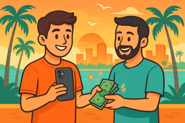 Two people exchanging an iPhone for cash in Miami