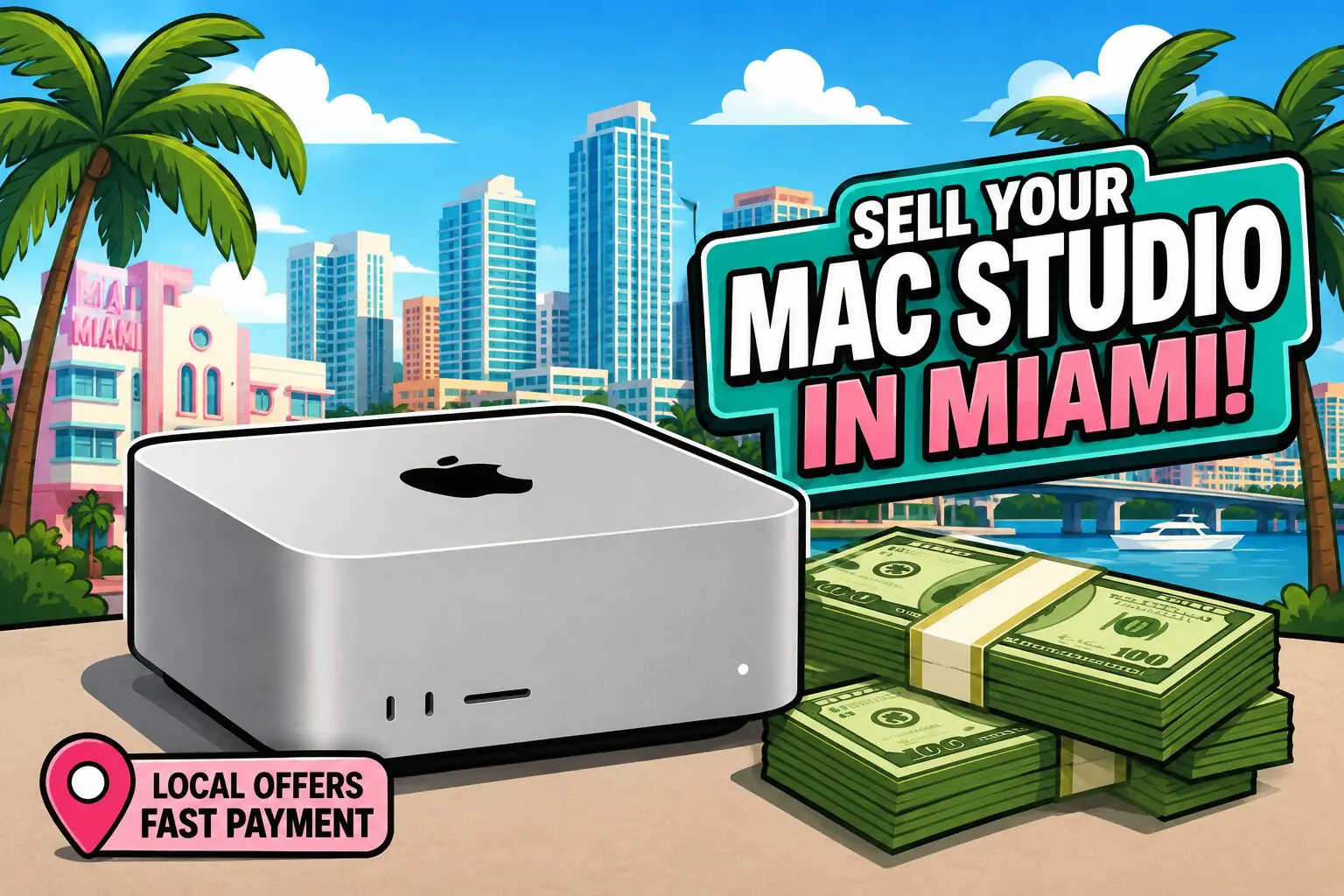 a stack of cash next to a Mac studio in miami