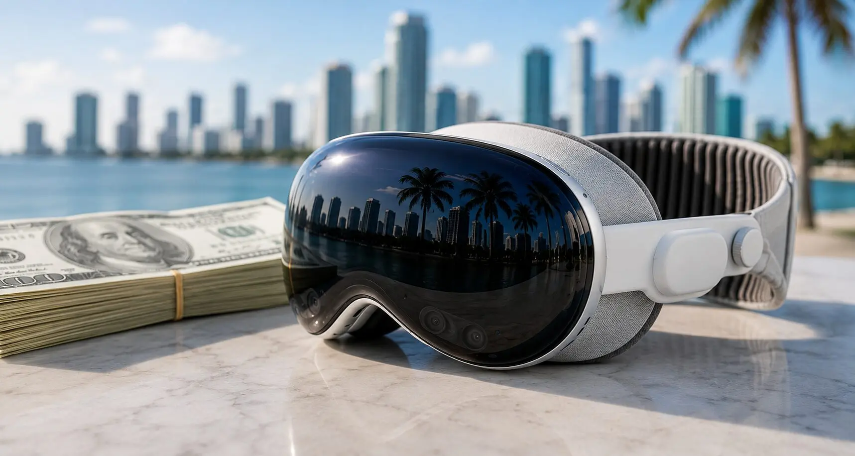 a stack of cash next to an Apple Vision Pro in miami