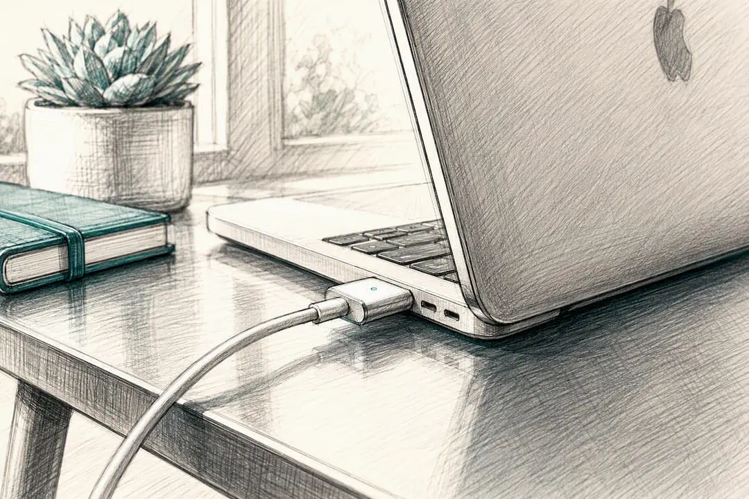 MacBook charging port with cable and accessories