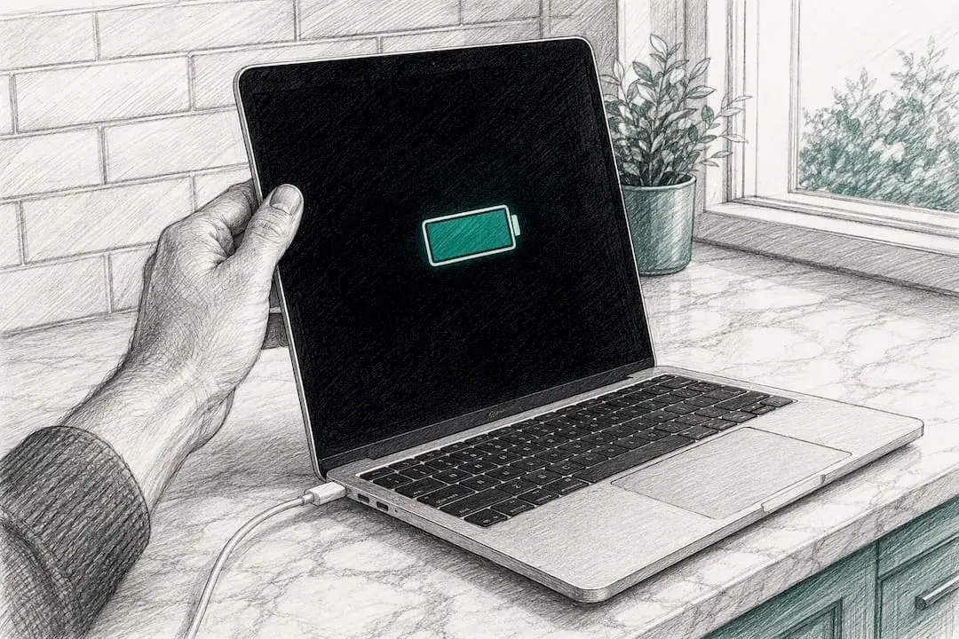 Hand checking MacBook battery info on dark screen