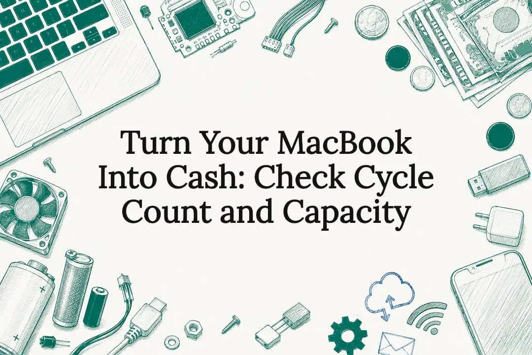 Decorative title card illustration with MacBook and cash elements
