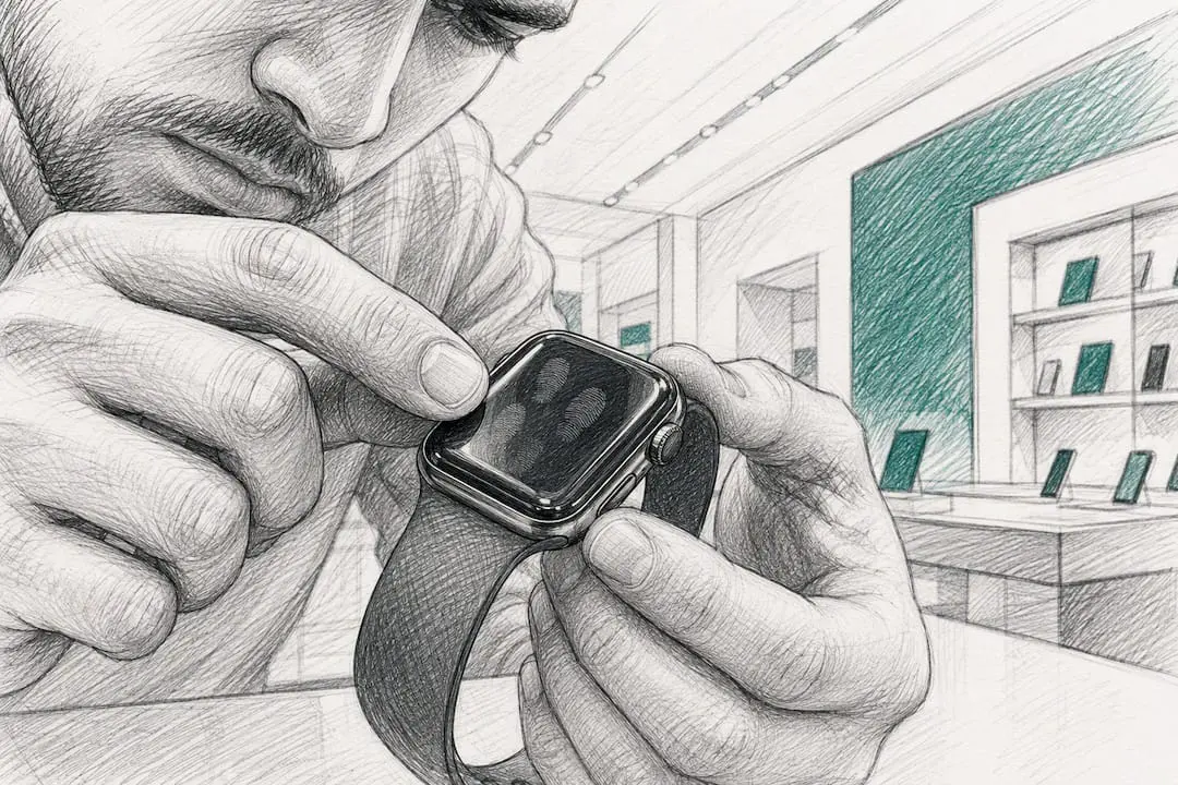 Hands inspecting smartwatch condition