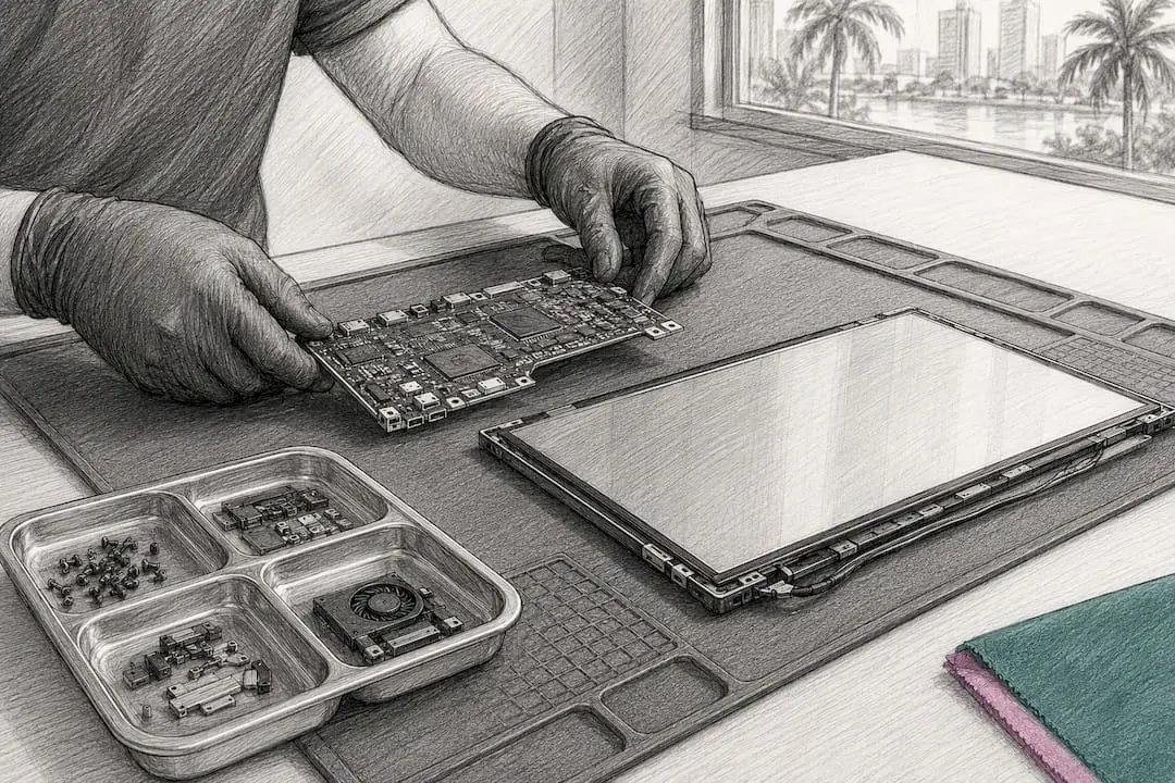 Technician sorting reusable laptop components