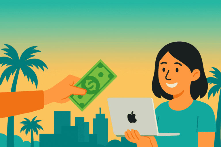 Woman holding a MacBook she is selling in Miami