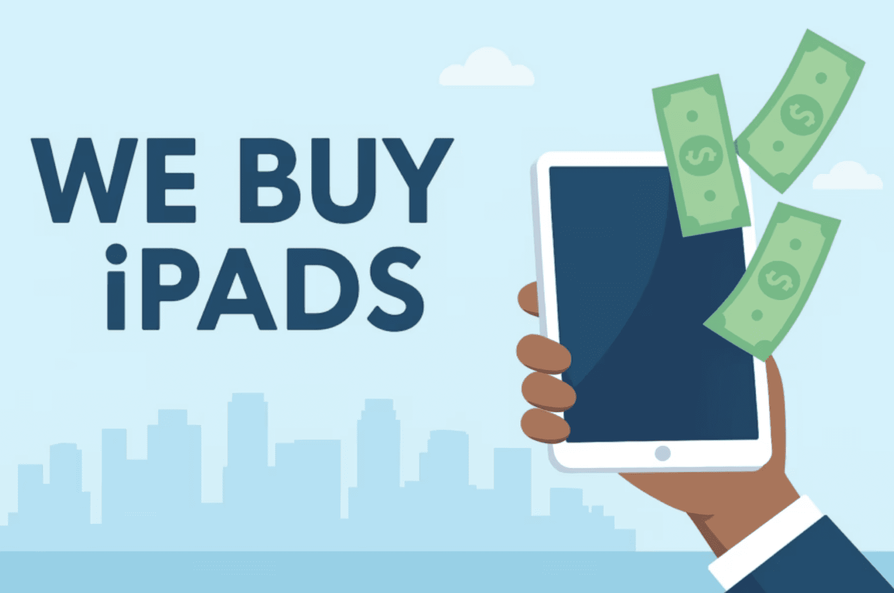 a hand holding an iPad, with text that reads we buy iPads miami