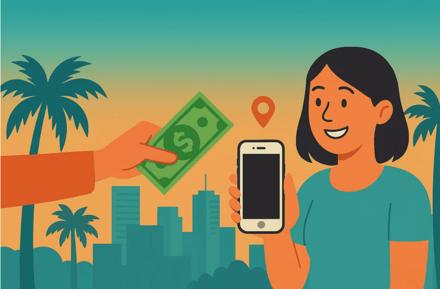 A drawing of a girl selling her iPhone in miami setting