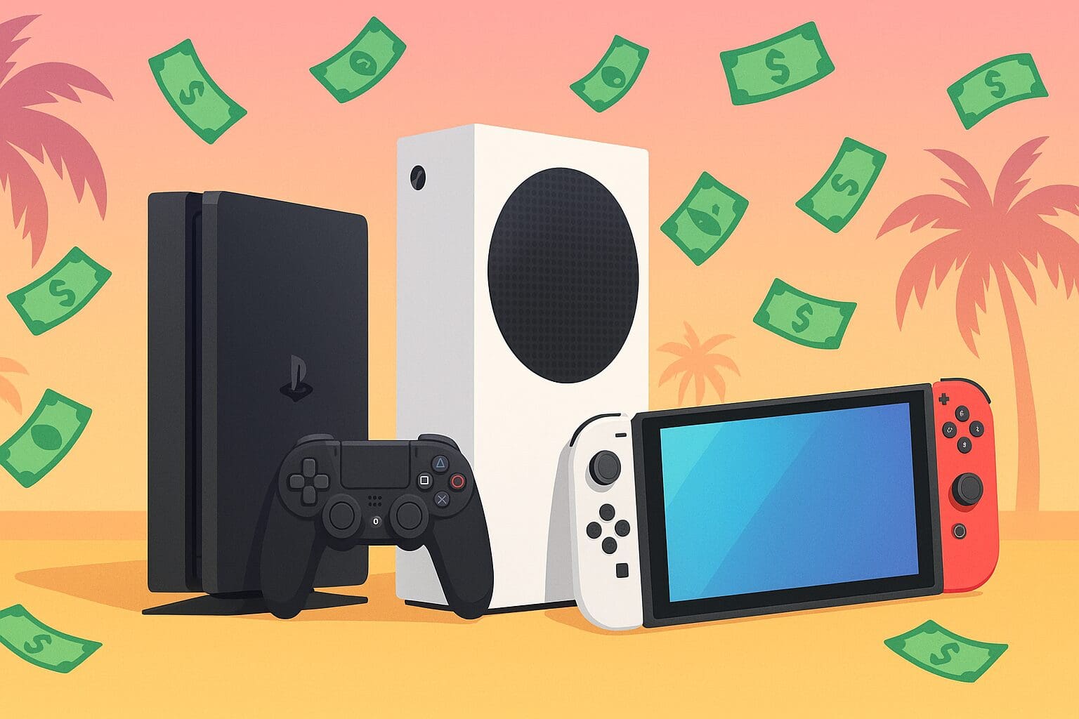 gaming consoles that we buy in a miami setting with miami colors