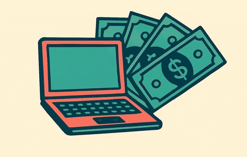 a drawing of a laptop next to cash signifying we buy laptops in miami