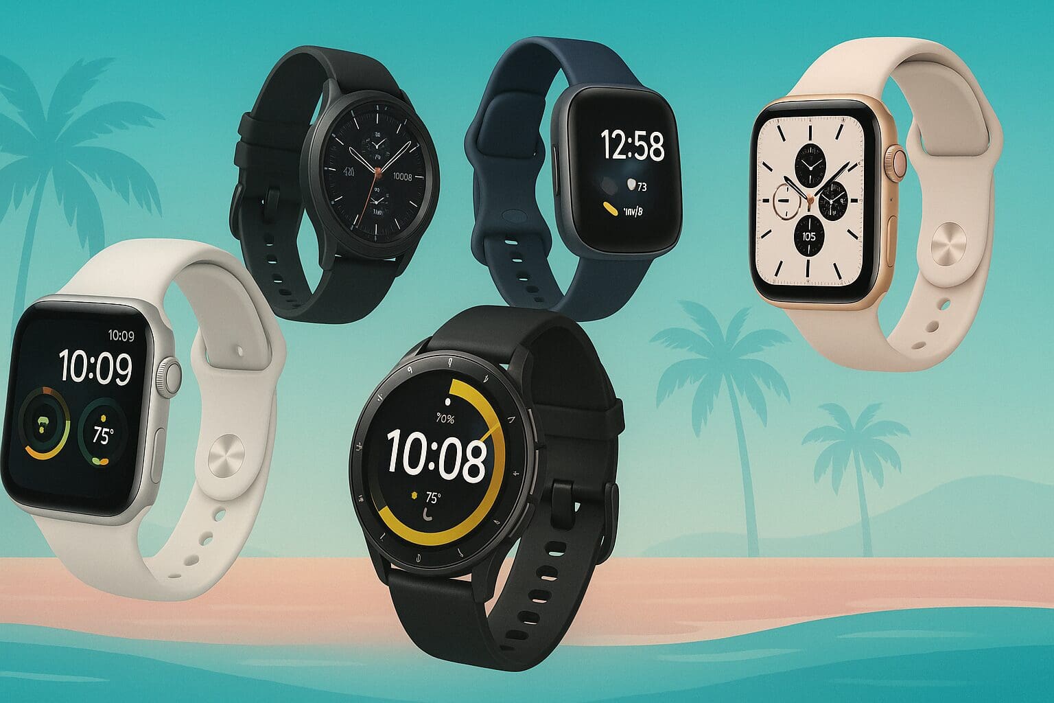 a few different smartwatches with a miami background to sell