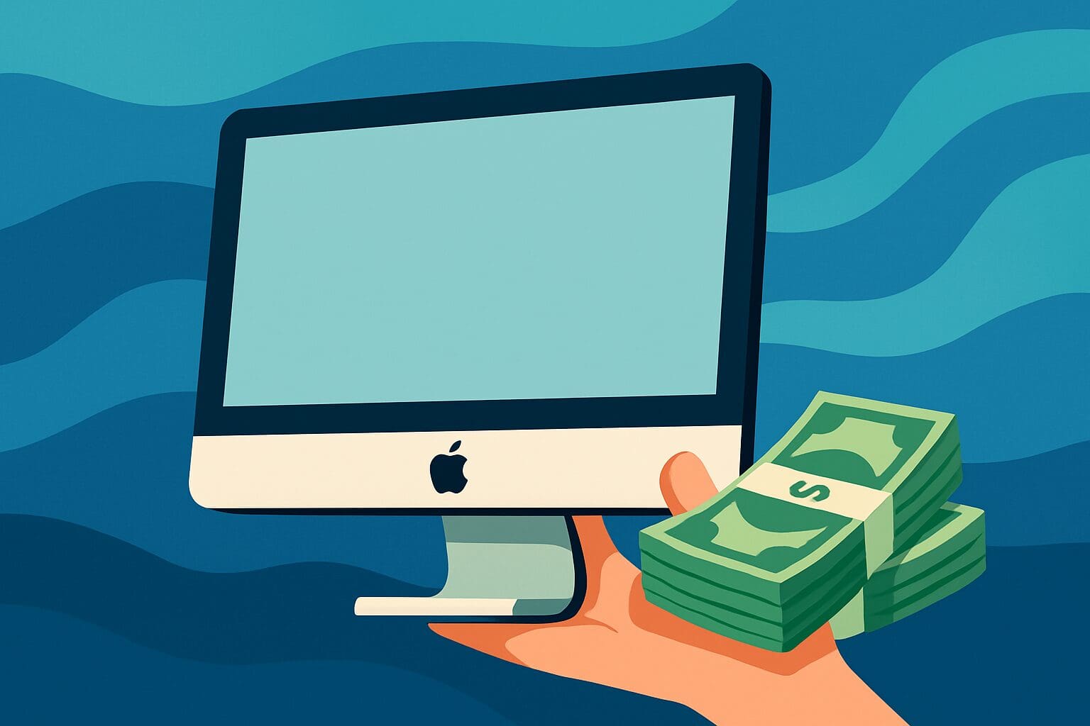 a drawing of an apple display next to a stack of cash as the Mac display has been sold