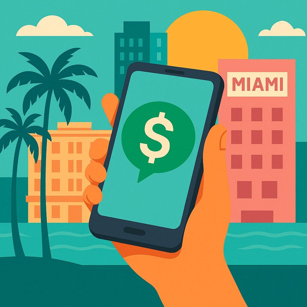 a electronics device with a cash sign with a miami background