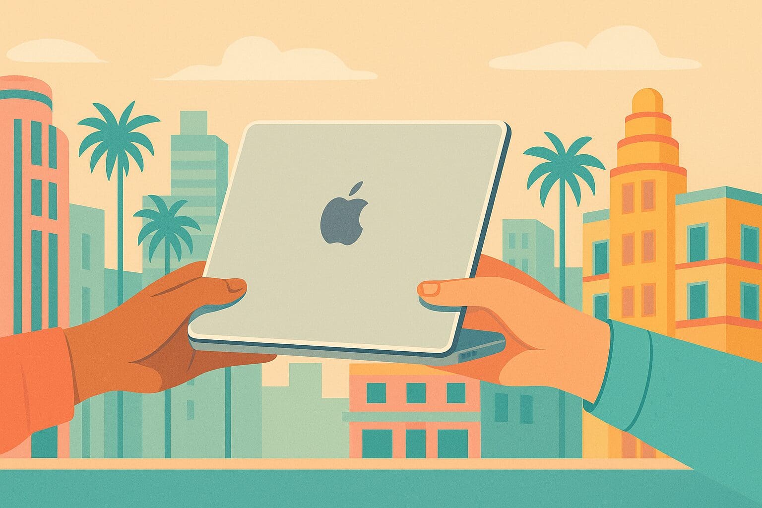two hands of different people holding a MacBook, like a transfer in a miami background