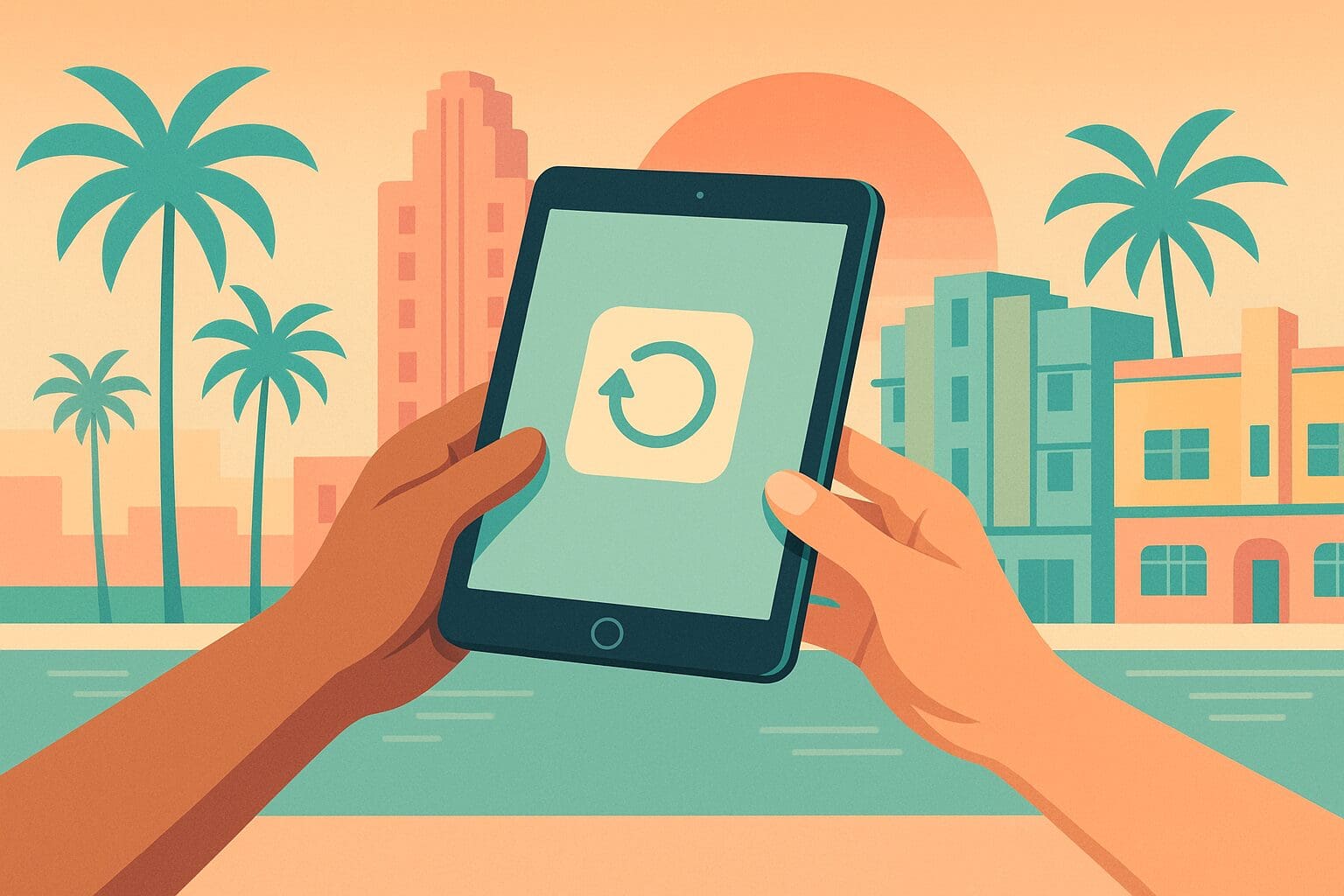 two hands exchanging a freshly reset iPad against a pastel Miami Art Deco skyline