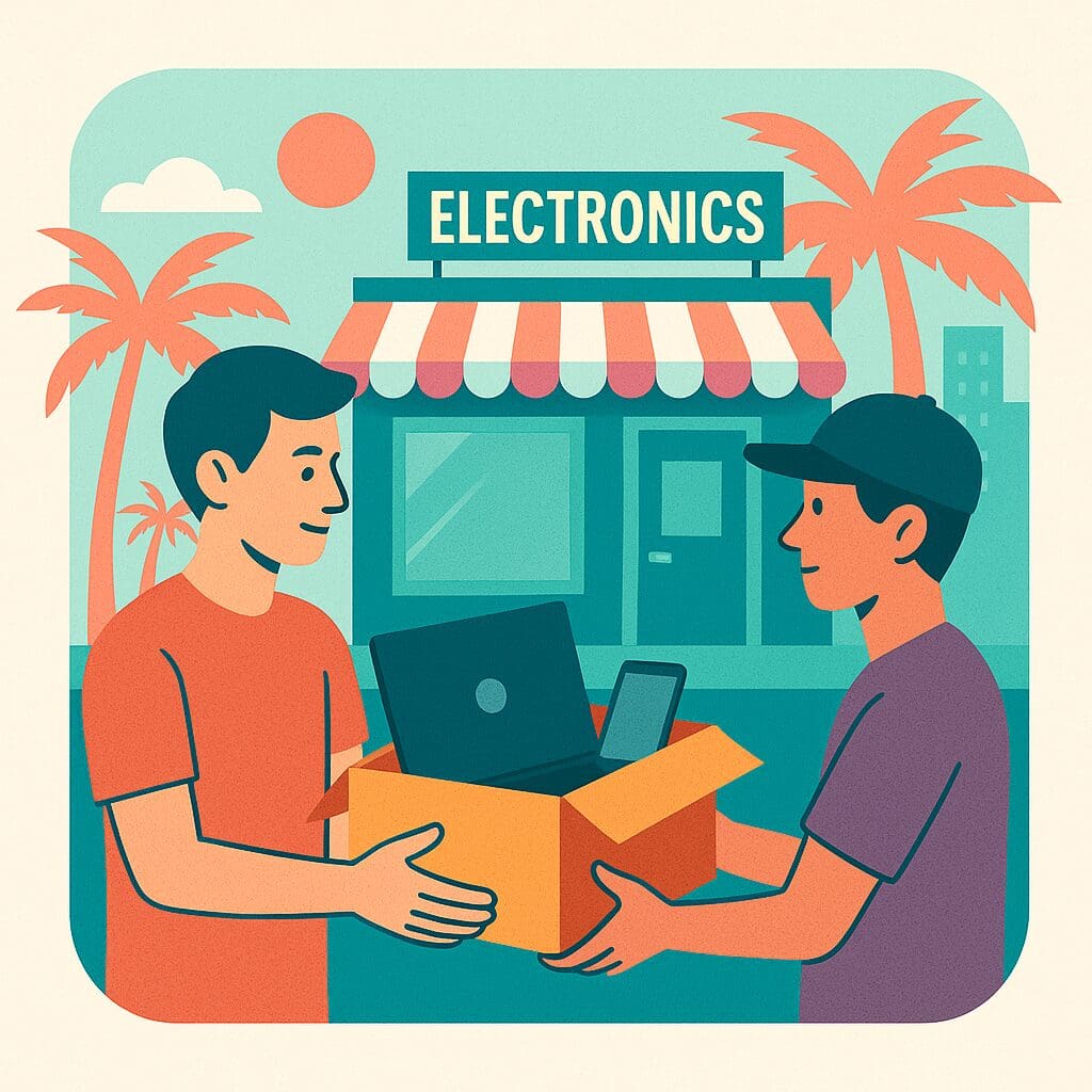 two people transacting sell electronics for cash in miami setting