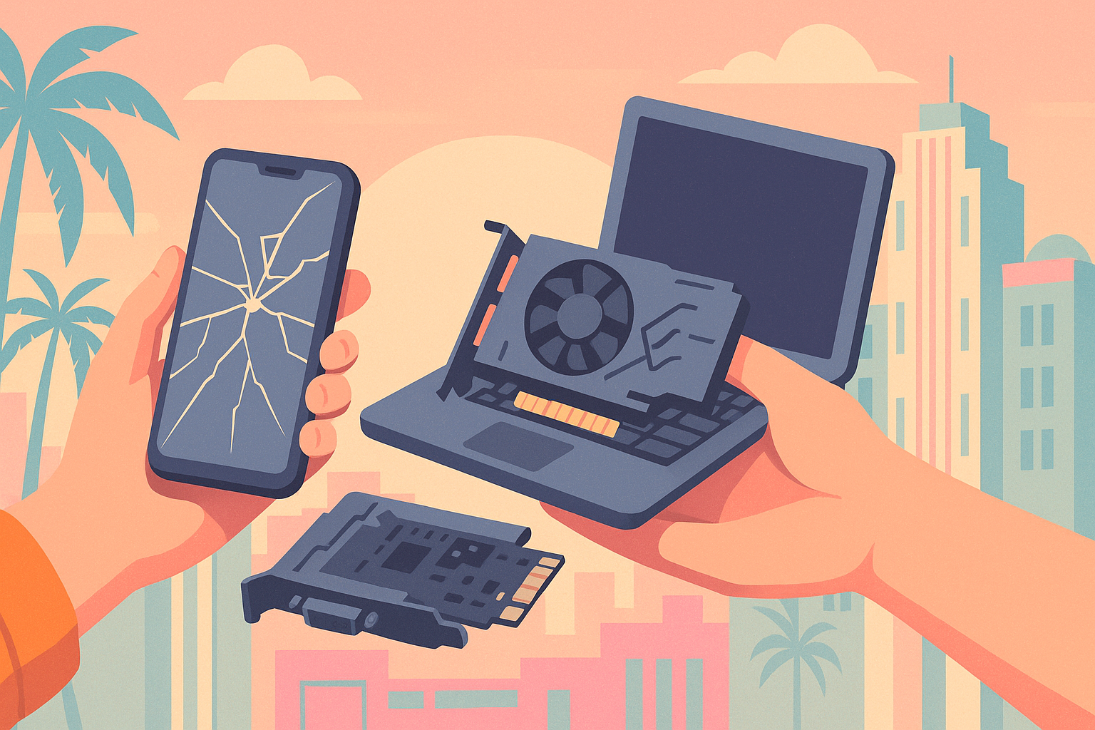 Miami-inspired graphic showcasing the exchange of broken electronics