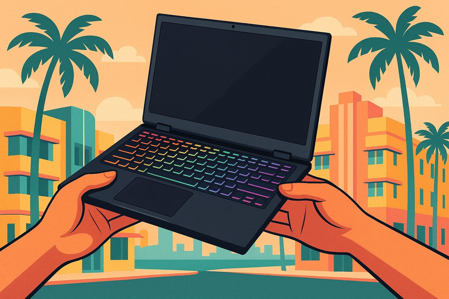 two hands exchanging a gaming laptop with vibrant RGB keyboard lighting against a pastel Miami Art Deco skyline