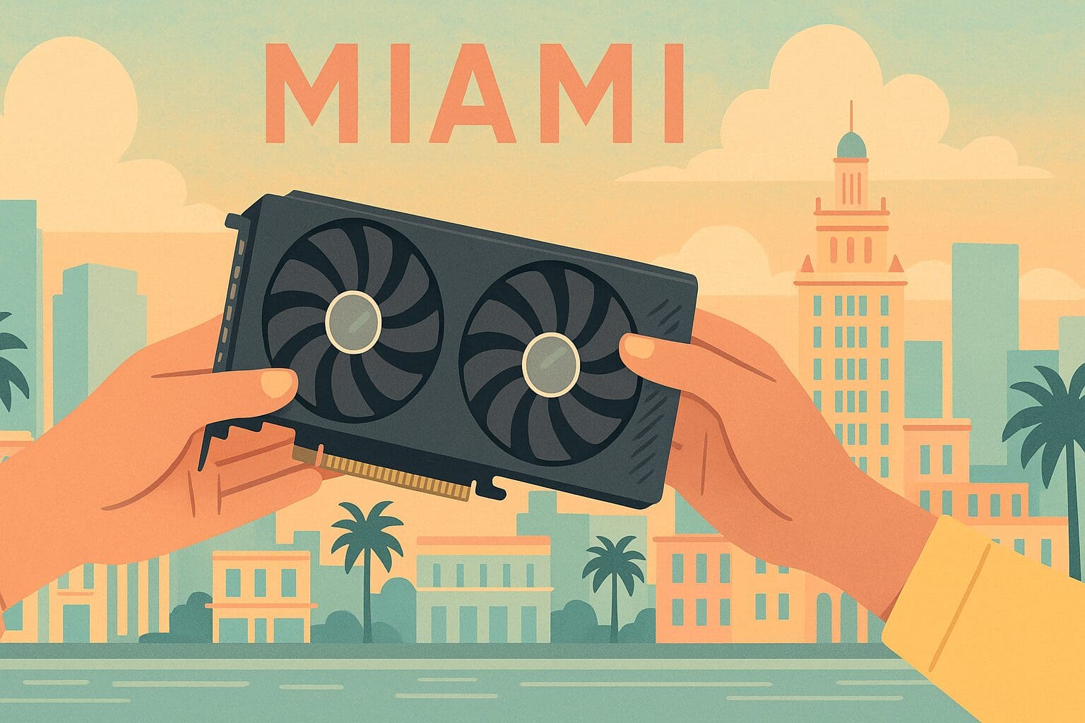 two hands exchanging a GPU against a pastel Miami skyline