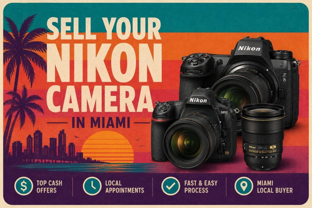 a graphic showing we buy Nikon cameras in miami
