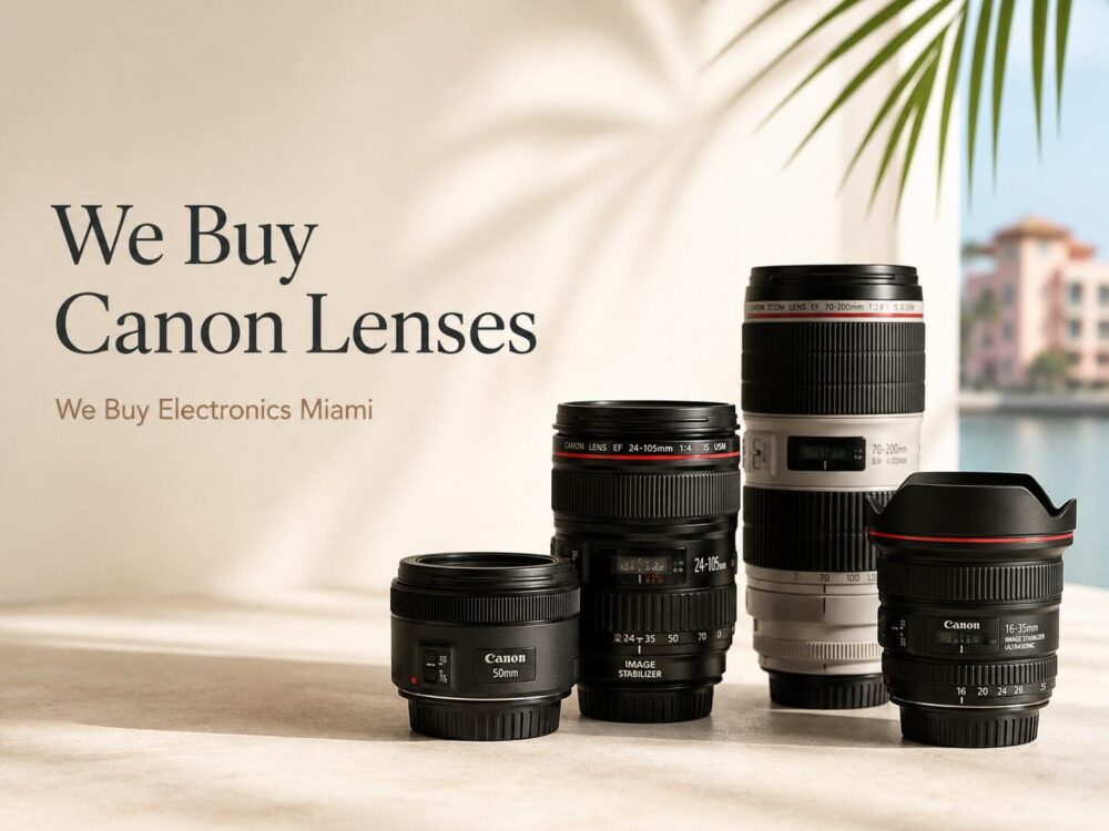 a graphic that says we buy canon lenses miami