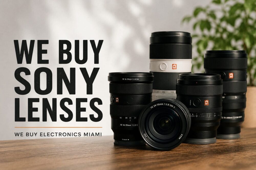 a group photo of the various sony lenses we buy at we buy Electronics Miami