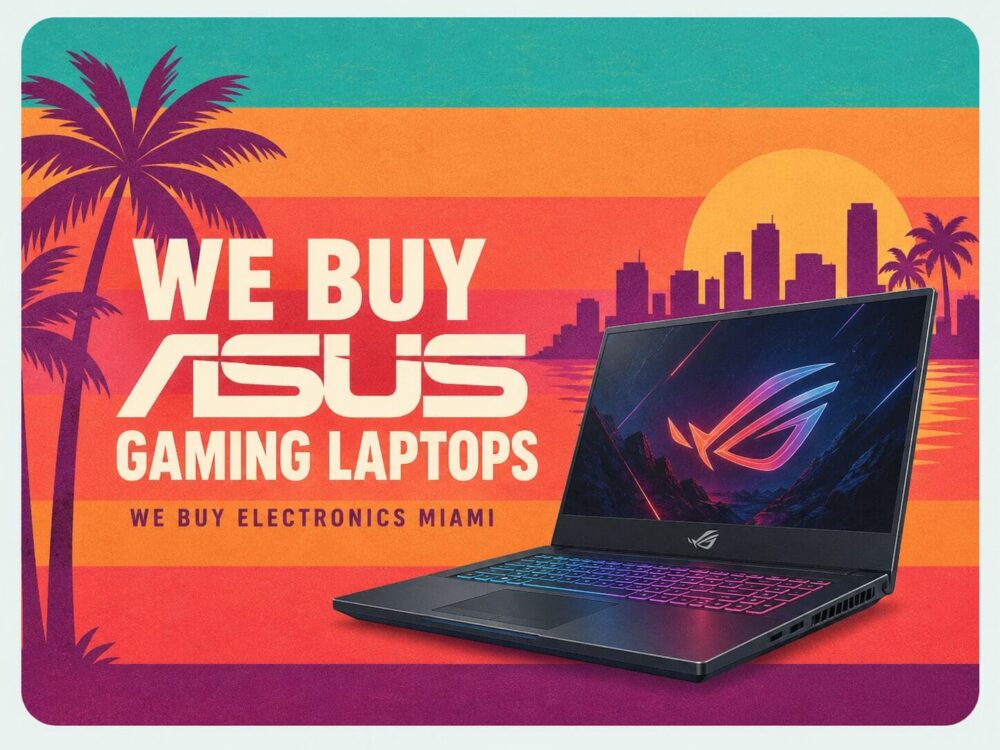 one of the Asus gaming laptops we buy against the miami sun and sky line